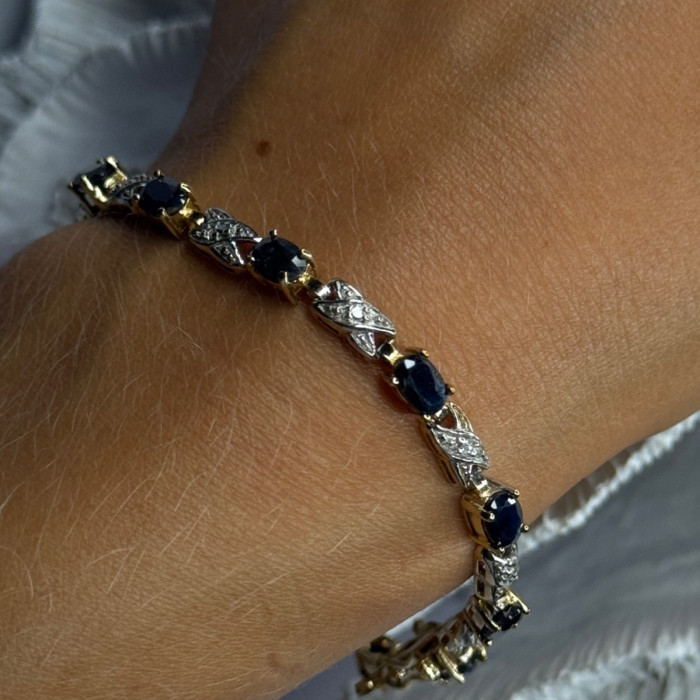 925 Sterling Silver Gold Plated Sapphire & Diamond Bracelet Length 7.5