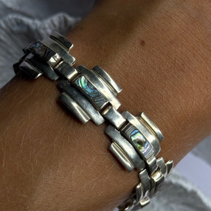 Vintage 925 Sterling Silver Abalone Bracelet Length 7
