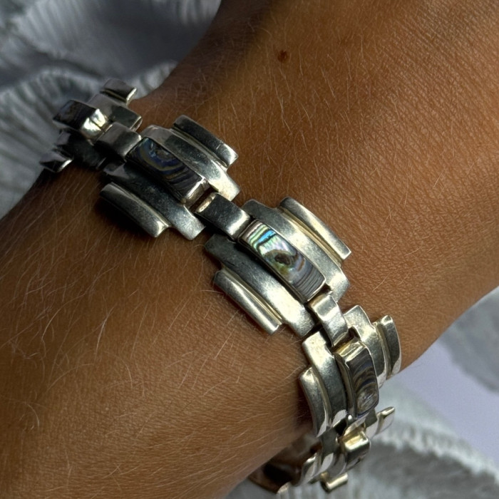 Vintage 925 Sterling Silver Abalone Bracelet Length 7