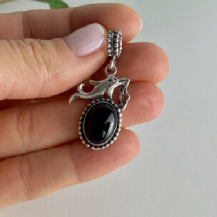 925 Sterling Silver Onyx Dolphin Pendant