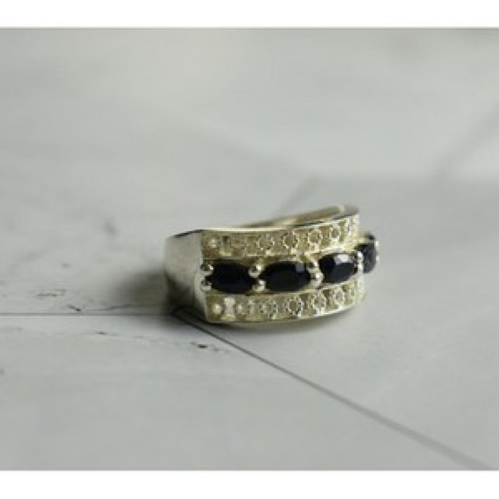 925 Sterling Silver Sapphires Openwork Ring Size 6.5