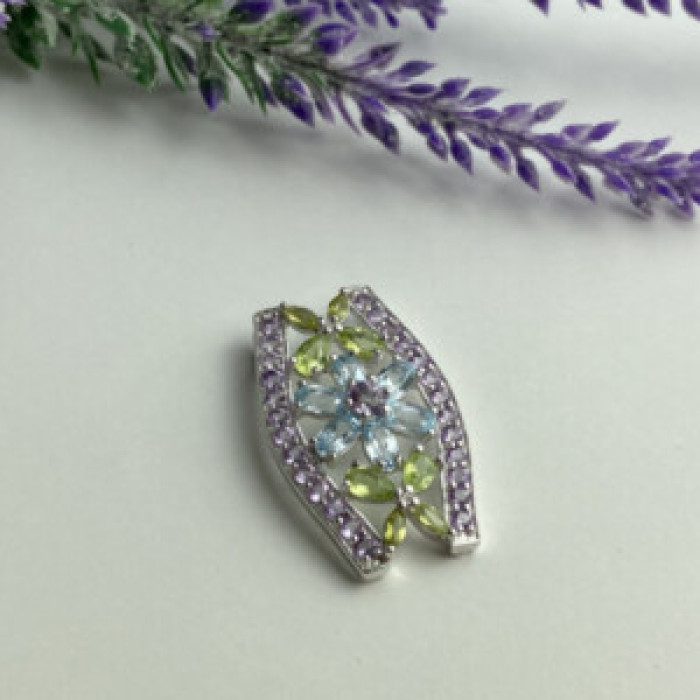 925 Sterling Silver Amethyst, Blue Spinel & Peridot Pendant