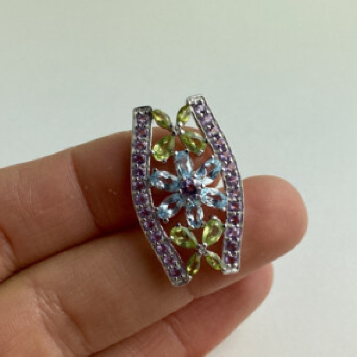 925 Sterling Silver Amethyst, Blue Spinel & Peridot Pendant
