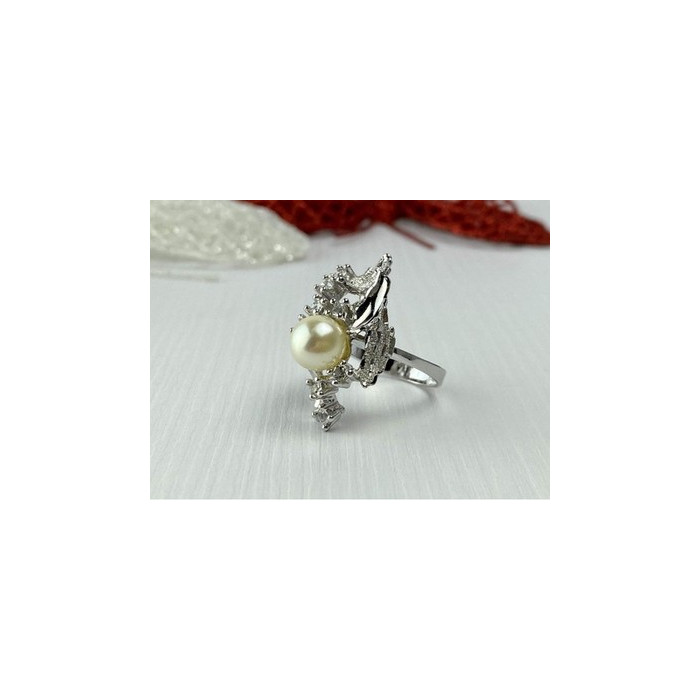 925 Sterling Silver Pearl & CZ Ring Size 6