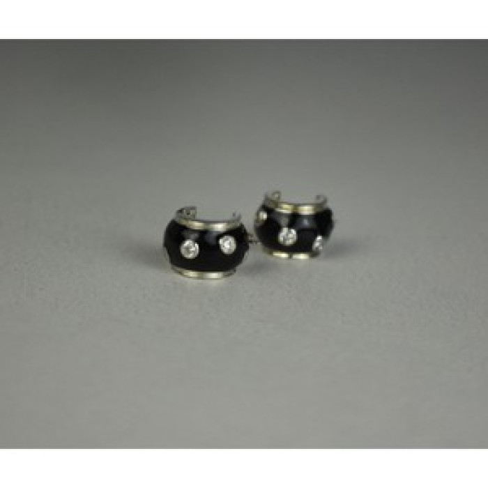 925 Sterling Silver Black Enamel & CZ Earrings