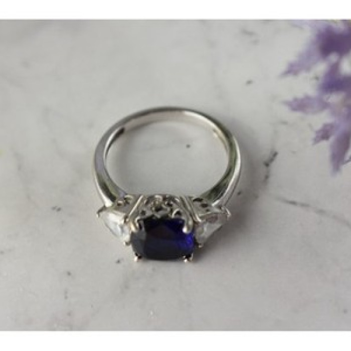 925 Sterling Silver Sapphire & CZ Ring Size 6.5