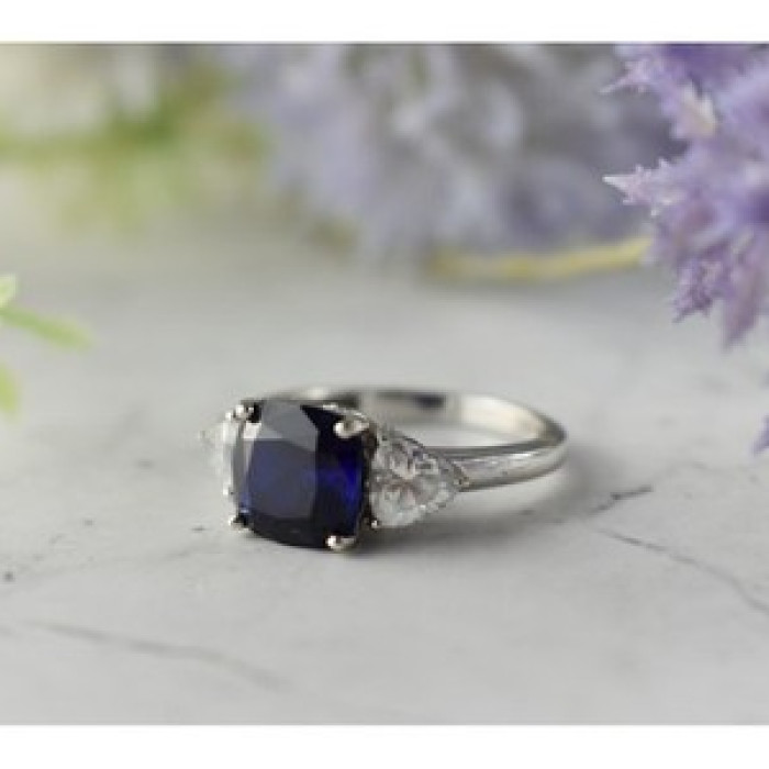 925 Sterling Silver Sapphire & CZ Ring Size 6.5