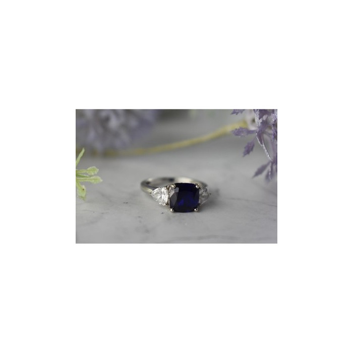 925 Sterling Silver Sapphire & CZ Ring Size 6.5