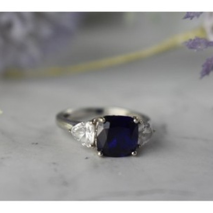 925 Sterling Silver Sapphire & CZ Ring Size 6.5