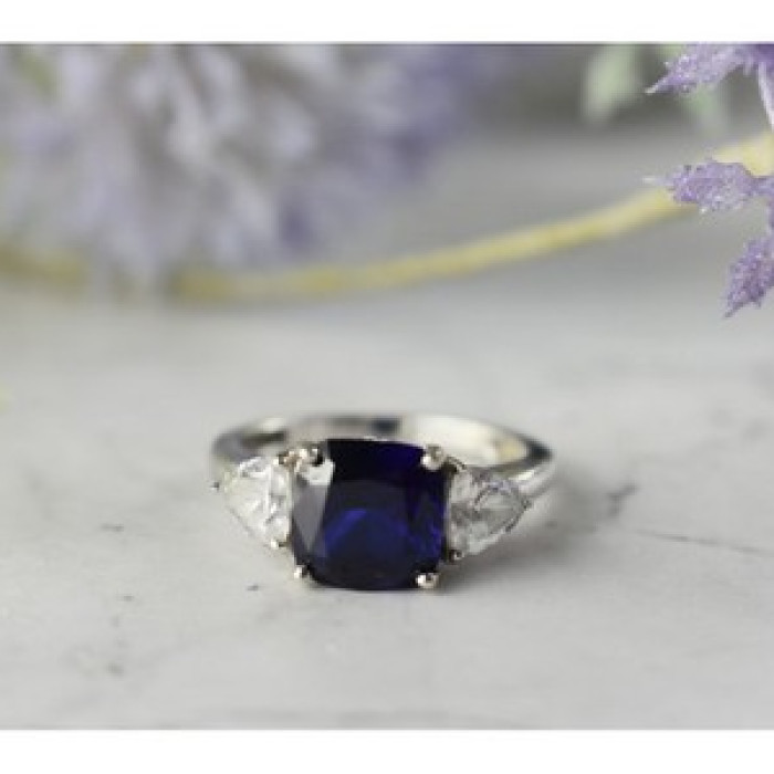 925 Sterling Silver Sapphire & CZ Ring Size 6.5