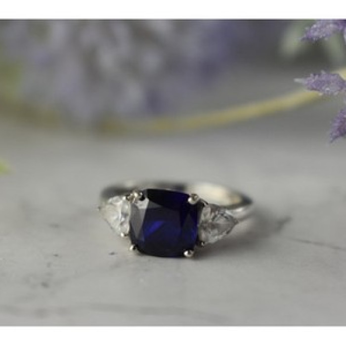 925 Sterling Silver Sapphire & CZ Ring Size 6.5
