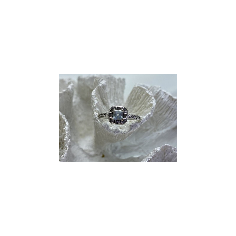 925 Sterling Silver Aquamarine & CZ Ring Size 6.5
