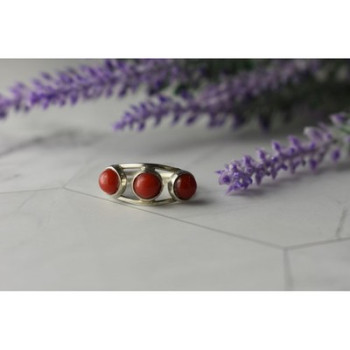 925 Sterling Silver Red Corals Ring Size 6.5