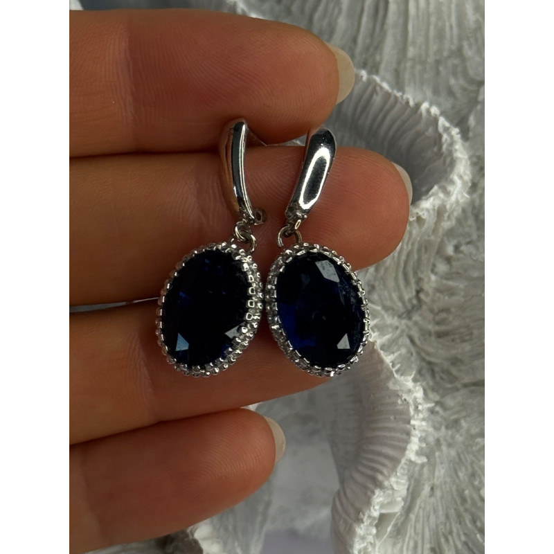 Elegant 925 Sterling Silver Sapphire Earrings Length 1.20 Inch