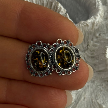 Vintage 925 Sterling Silver Amber Earrings Length 0.60 Inch