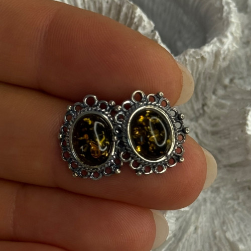Vintage 925 Sterling Silver Amber Earrings Length 0.60 Inch
