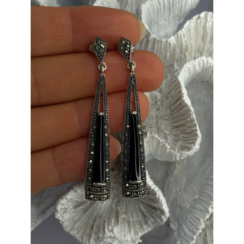 Elegant 925 Sterling Silver Onyx & Marcasite Earrings Length 2.30 Inch