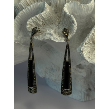 Elegant 925 Sterling Silver Onyx & Marcasite Earrings Length 2.30 Inch