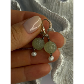 925 Sterling Silver Jade & Pearl Earrings Length 1.40 Inch