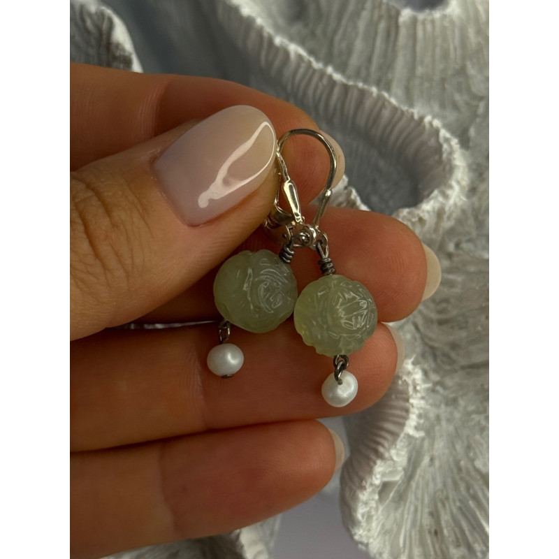 925 Sterling Silver Jade & Pearl Earrings Length 1.40 Inch