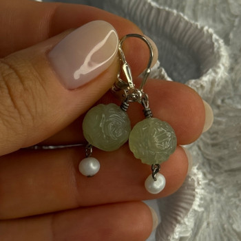 925 Sterling Silver Jade & Pearl Earrings Length 1.40 Inch
