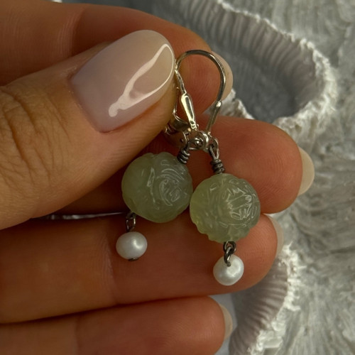 925 Sterling Silver Jade & Pearl Earrings Length 1.40 Inch