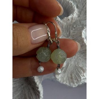 925 Sterling Silver Jade & Pearl Earrings Length 1.40 Inch