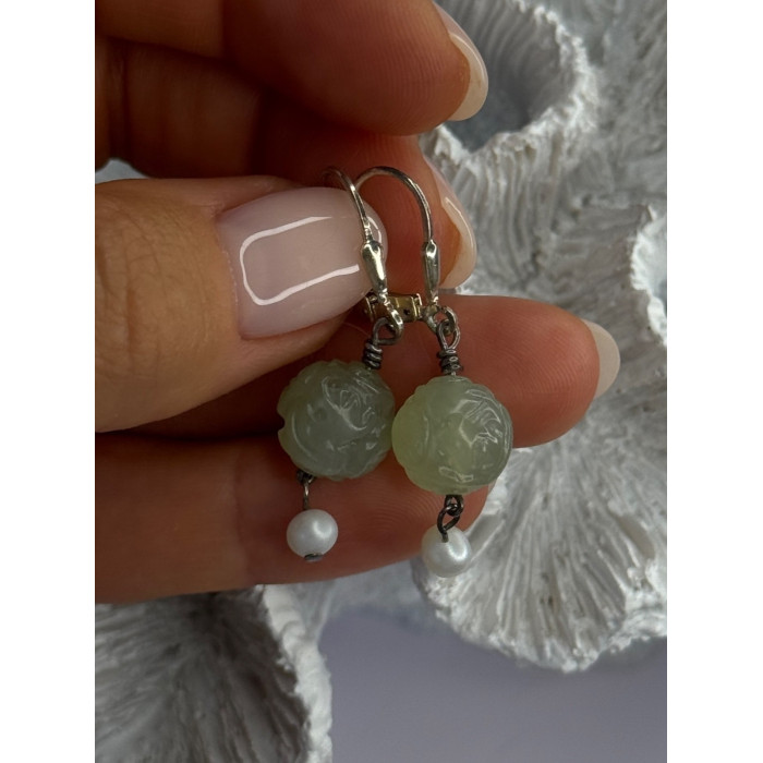925 Sterling Silver Jade & Pearl Earrings Length 1.40 Inch