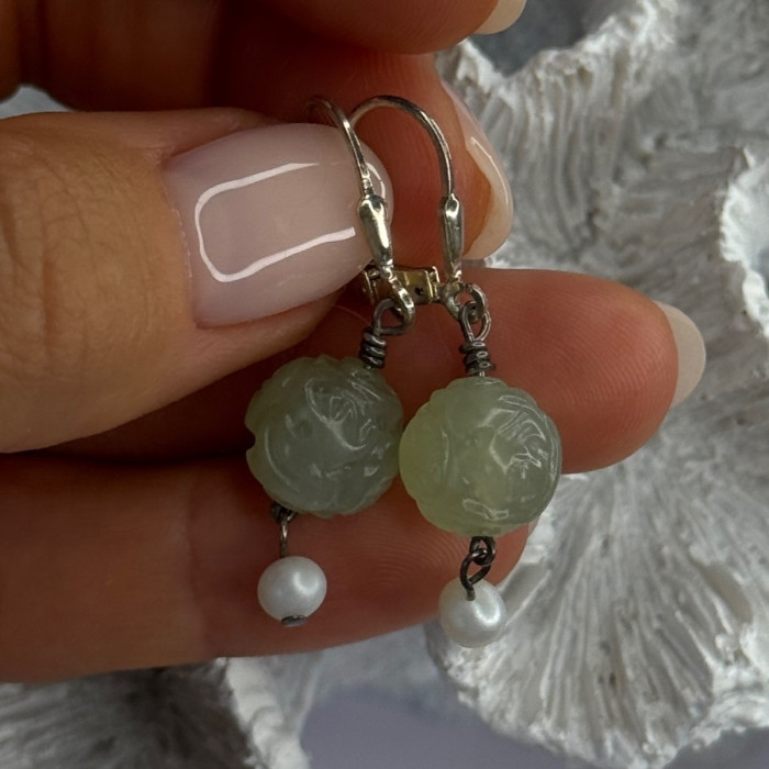 925 Sterling Silver Jade & Pearl Earrings Length 1.40 Inch