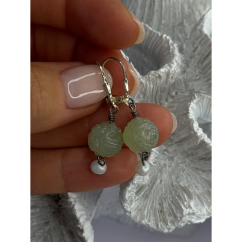 925 Sterling Silver Jade & Pearl Earrings Length 1.40 Inch