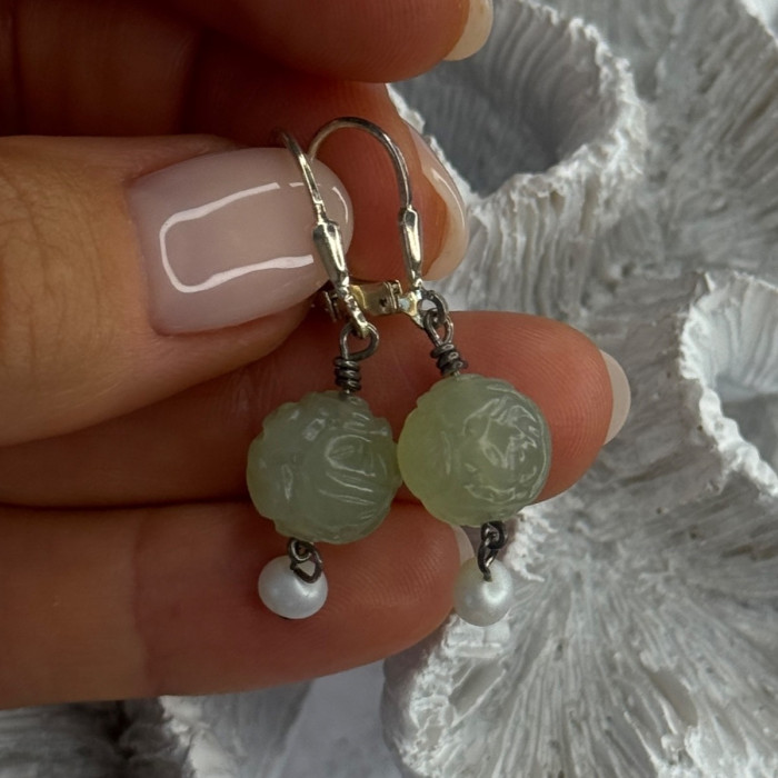 925 Sterling Silver Jade & Pearl Earrings Length 1.40 Inch
