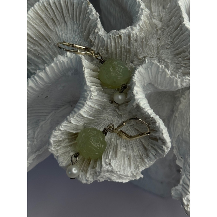 925 Sterling Silver Jade & Pearl Earrings Length 1.40 Inch