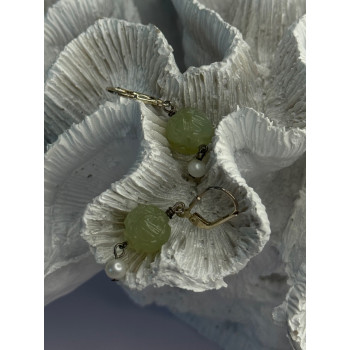 925 Sterling Silver Jade & Pearl Earrings Length 1.40 Inch