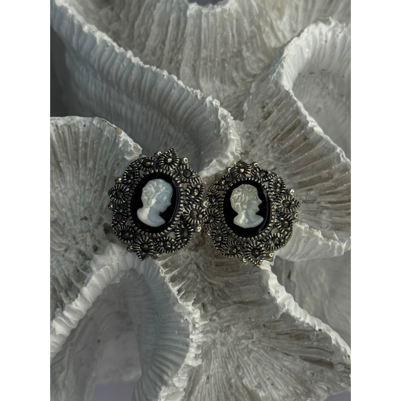 925 Sterling Silver Victorian Cameo Carved Shell Marcasite Earrings