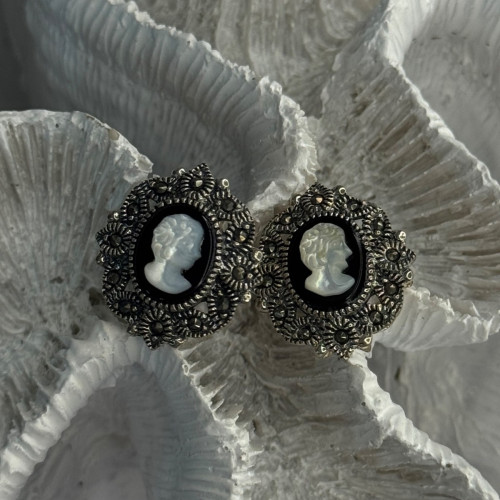 925 Sterling Silver Victorian Cameo Carved Shell Marcasite Earrings