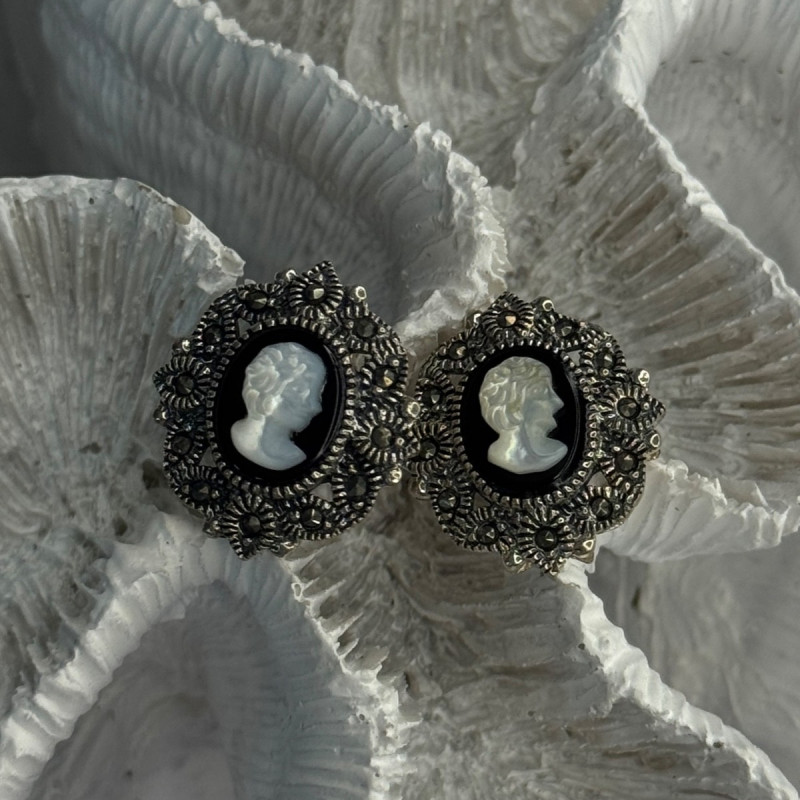 925 Sterling Silver Victorian Cameo Carved Shell Marcasite Earrings