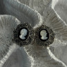 925 Sterling Silver Victorian Cameo Carved Shell Marcasite Earrings