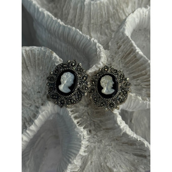 925 Sterling Silver Victorian Cameo Carved Shell Marcasite Earrings