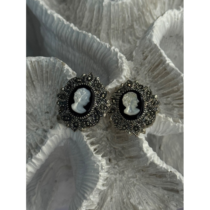 925 Sterling Silver Victorian Cameo Carved Shell Marcasite Earrings