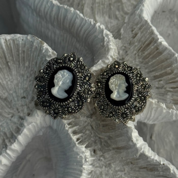 925 Sterling Silver Victorian Cameo Carved Shell Marcasite Earrings