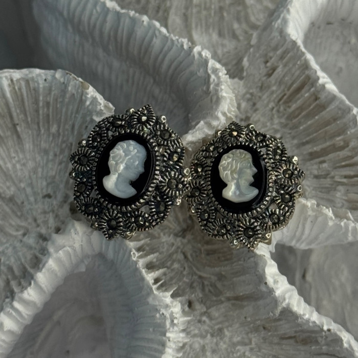 925 Sterling Silver Victorian Cameo Carved Shell Marcasite Earrings