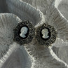925 Sterling Silver Victorian Cameo Carved Shell Marcasite Earrings