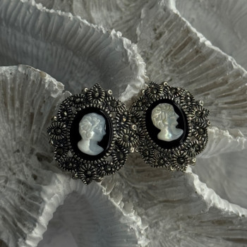 925 Sterling Silver Victorian Cameo Carved Shell Marcasite Earrings