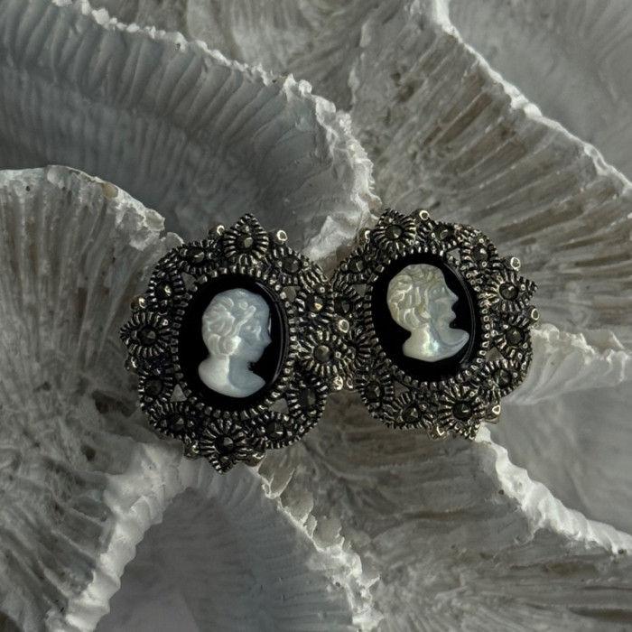 925 Sterling Silver Victorian Cameo Carved Shell Marcasite Earrings