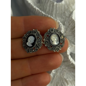 925 Sterling Silver Victorian Cameo Carved Shell Marcasite Earrings