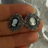 925 Sterling Silver Victorian Cameo Carved Shell Marcasite Earrings