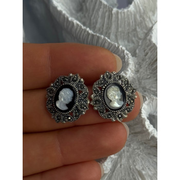 925 Sterling Silver Victorian Cameo Carved Shell Marcasite Earrings