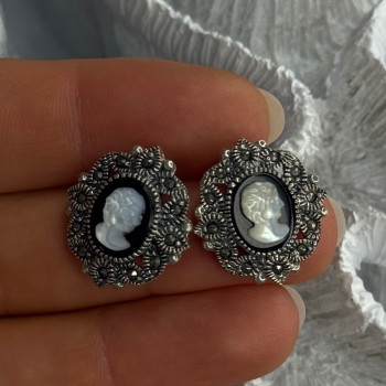 925 Sterling Silver Victorian Cameo Carved Shell Marcasite Earrings