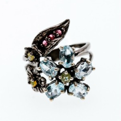 925 Blackened Silver Topaz, Garnet, Peridot & Opal Ring Size 8