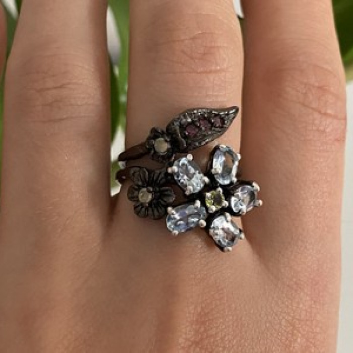 925 Blackened Silver Topaz, Garnet, Peridot & Opal Ring Size 8